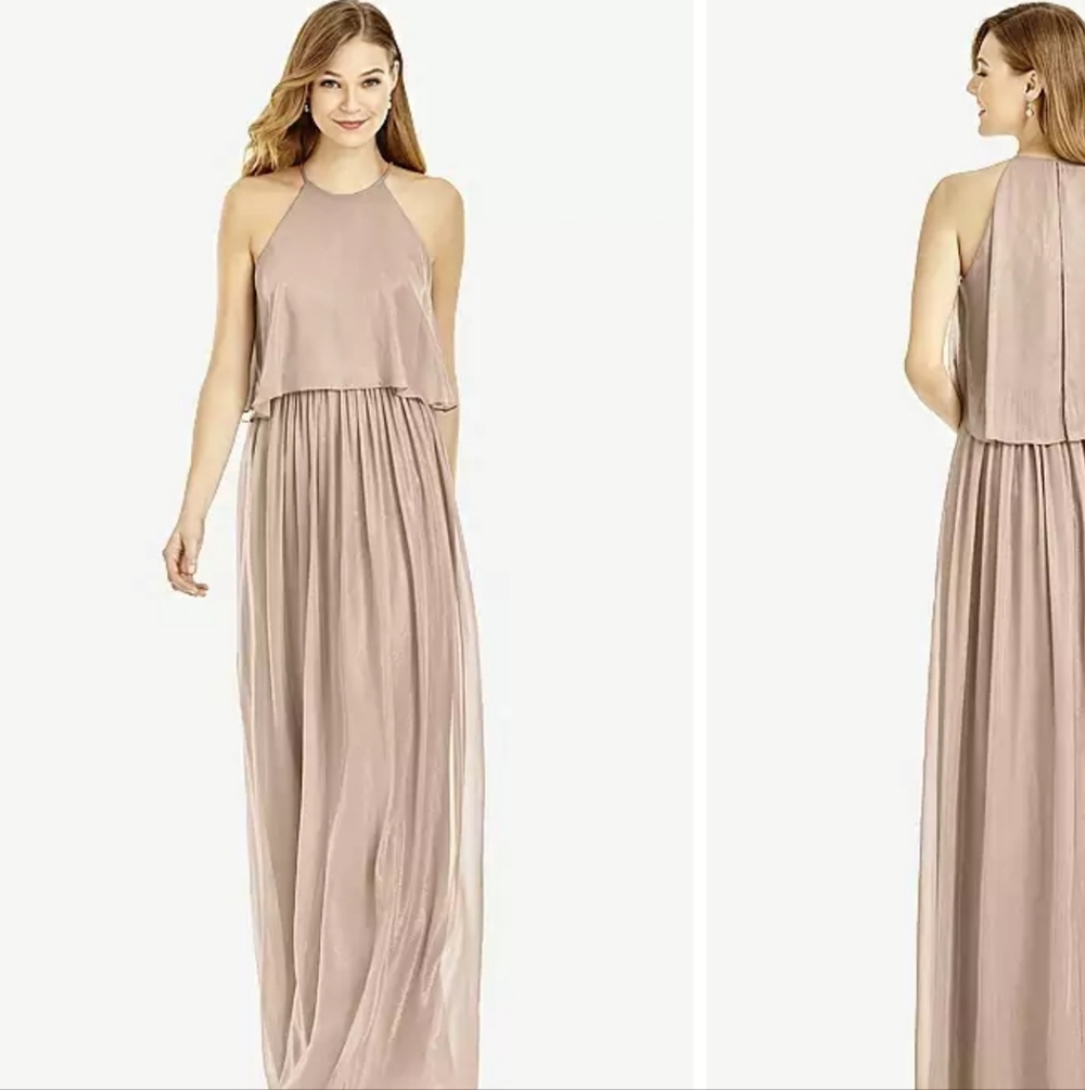 Size 12 "topaz gold" high neck shimmer chiffon gown w/ fluttery top & Aline skir